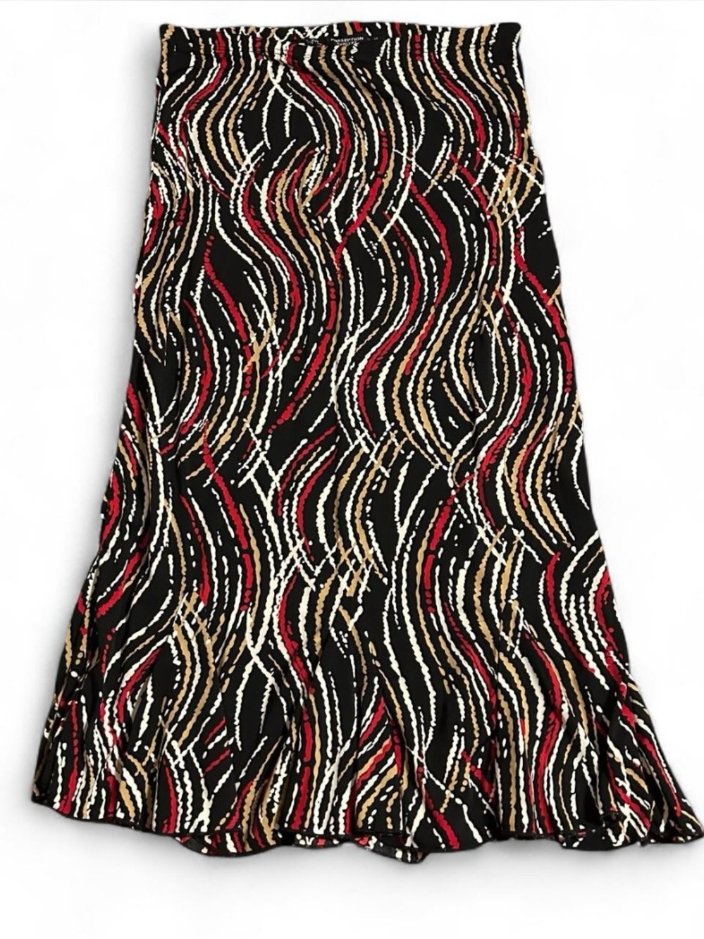 vintage perseption concept black, tan, white, and red wavy patterned midi skirt